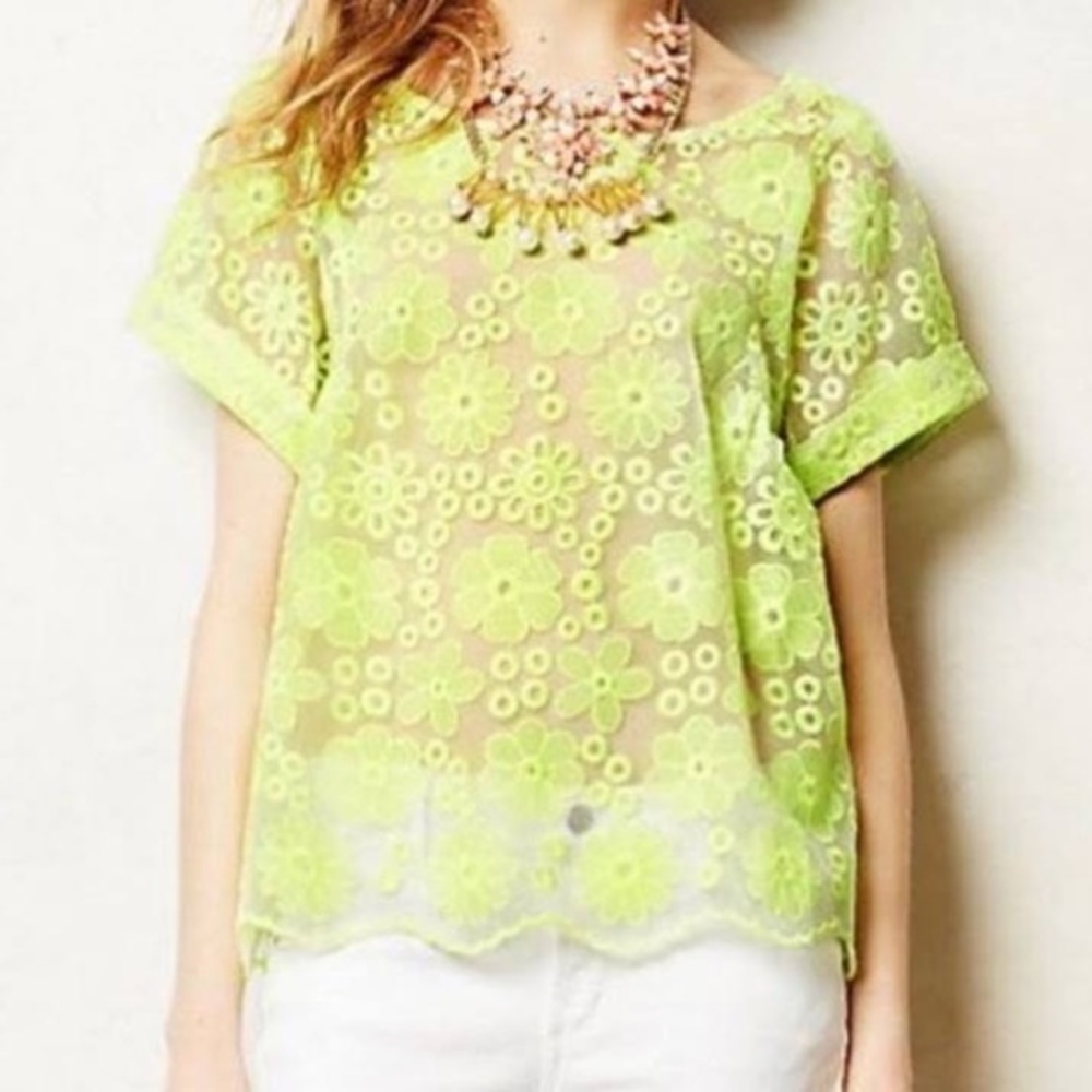 Anthropologie Neon Green eyelet top size XS